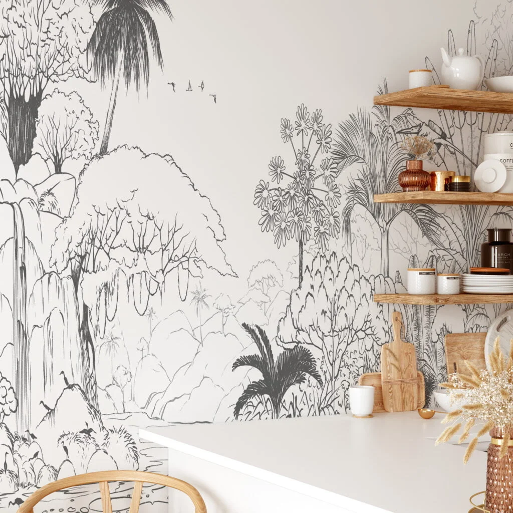 Jungle with Palm Trees Line Art Wallpaper, Hand-drawn and Chic Self Adhesive Wall Mural, Peel and Stick Removable Wallpaper for Nature-lovers