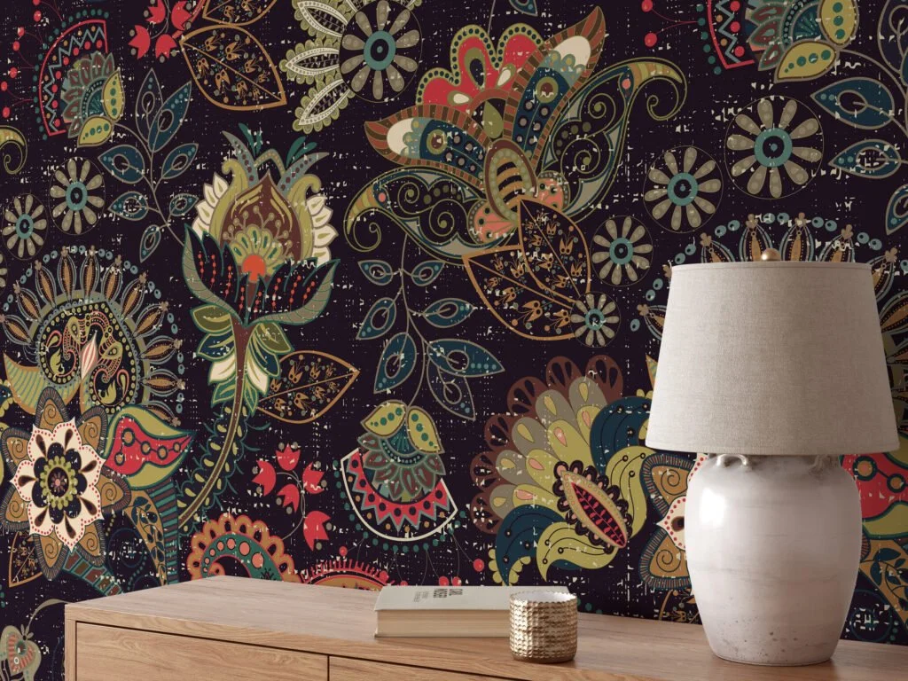 Bring a Unique and Exotic Flair to Your Home with this Abstract Oriental Floral Illustration Wallpaper