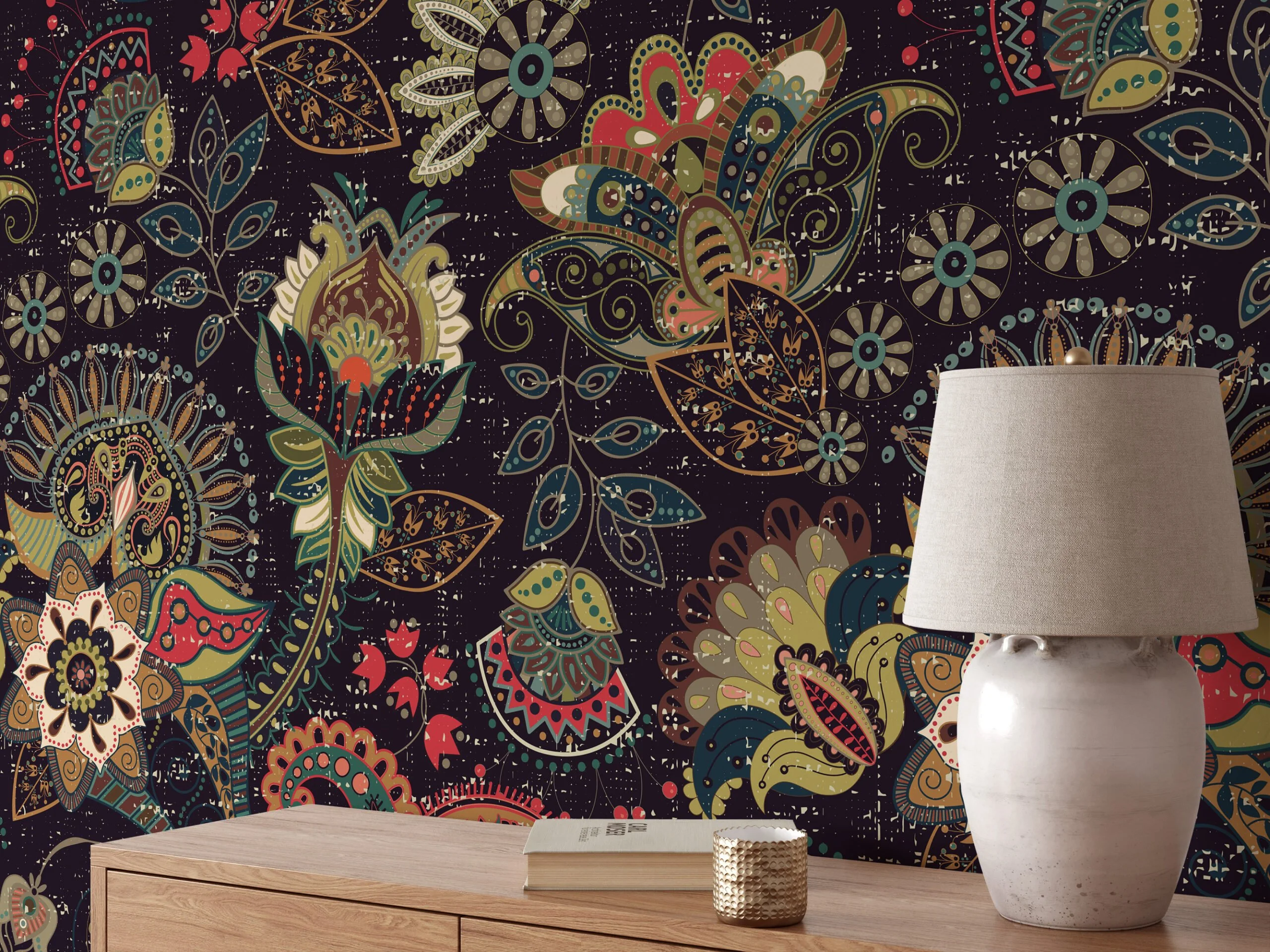 Bring a Unique and Exotic Flair to Your Home with this Abstract Oriental Floral Illustration Wallpaper