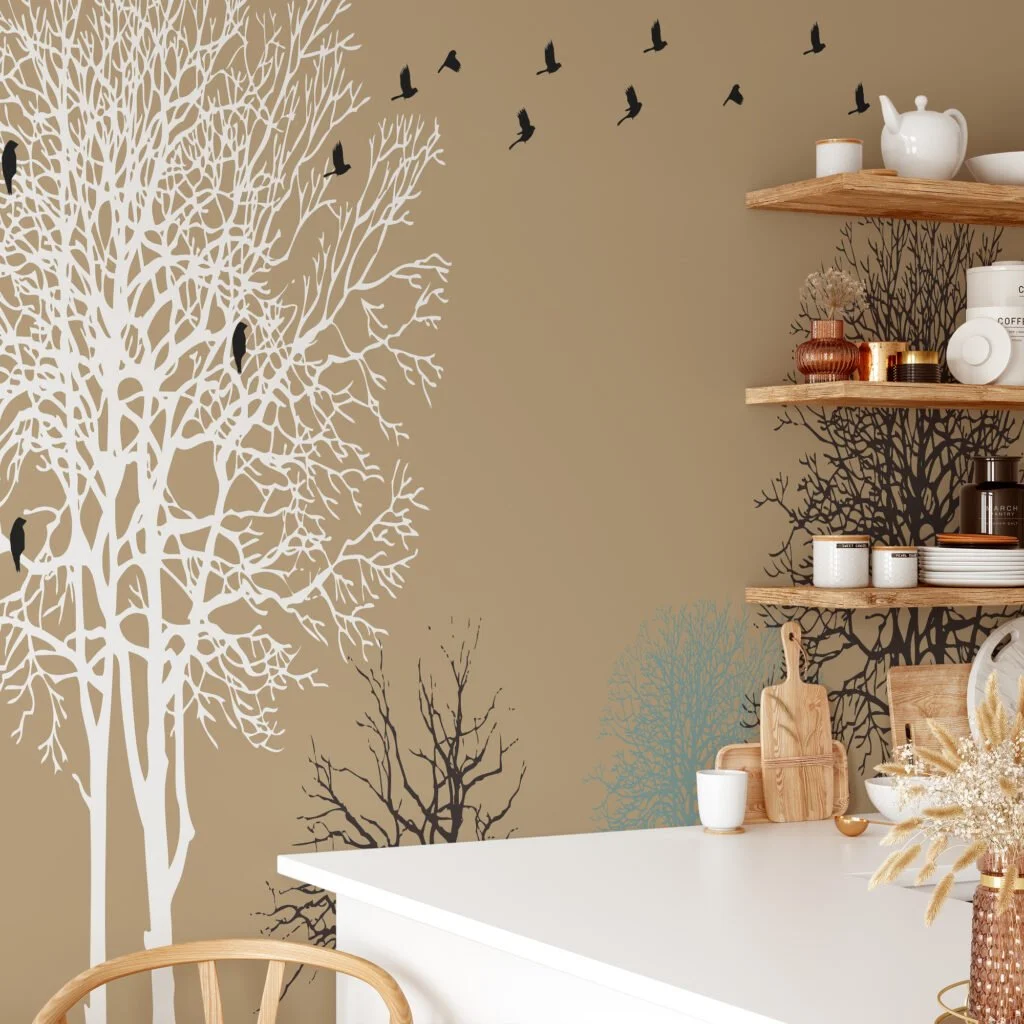 Peel and Stick Minimalist Trees and Birds Wallpaper with Customizable Sizes and Removable Properties for Modern Wall Decor in Living Rooms or Bedrooms