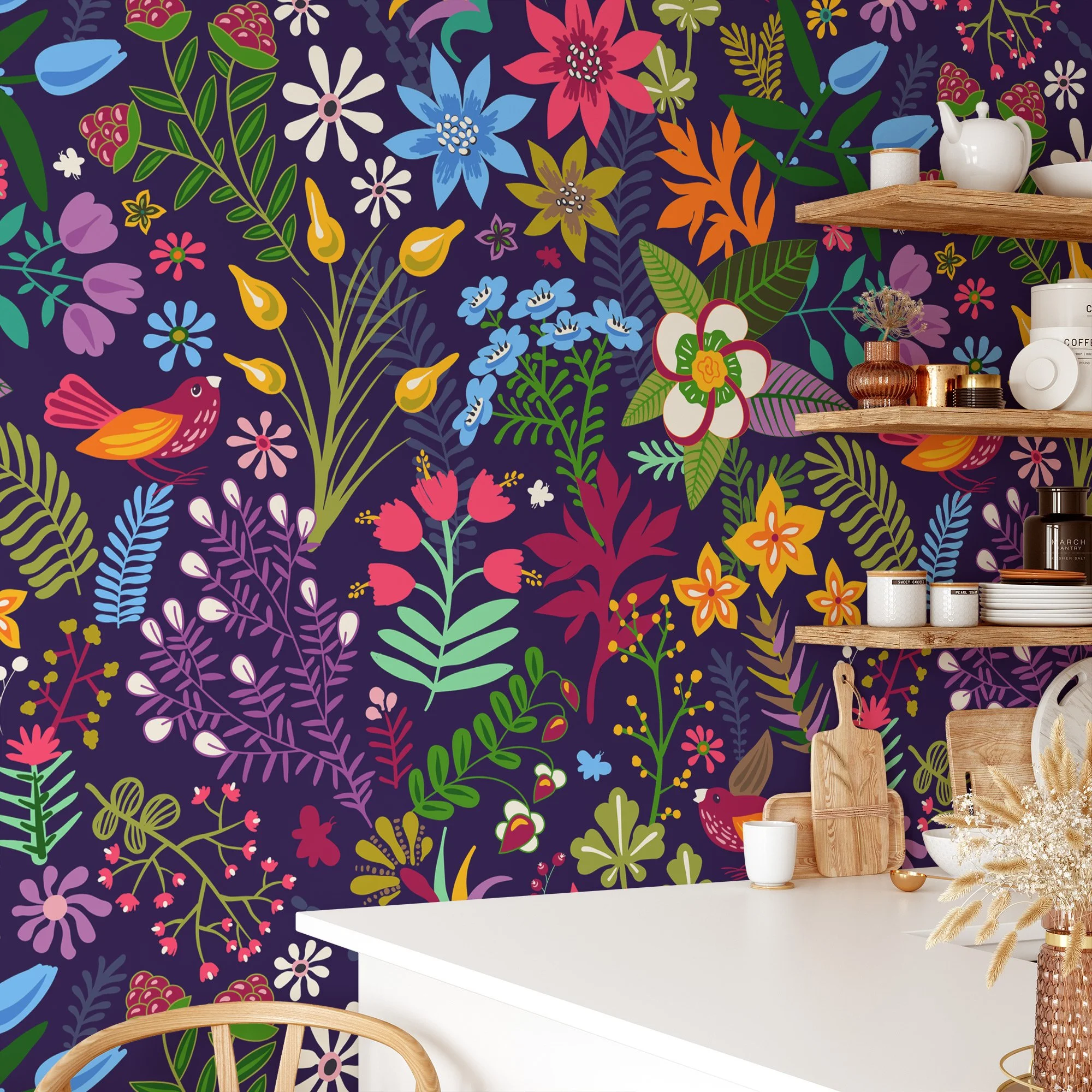 Modern Wallpaper with Colorful Flower Design Illustration - Durable, Self-Adhesive, and Removable