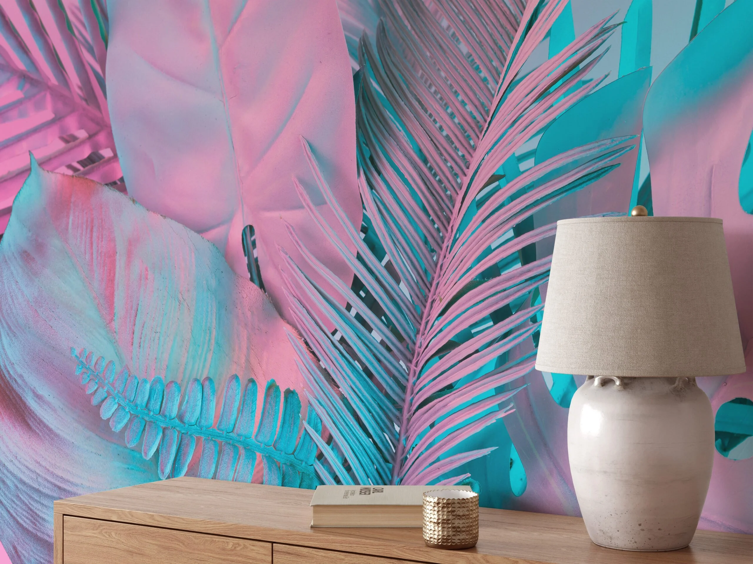 Colorful Tropical Palm Leaves in Bubble Pink and Blue - Self-Adhesive Peel and Stick Wallpaper for a Vibrant Bathroom or Any Room