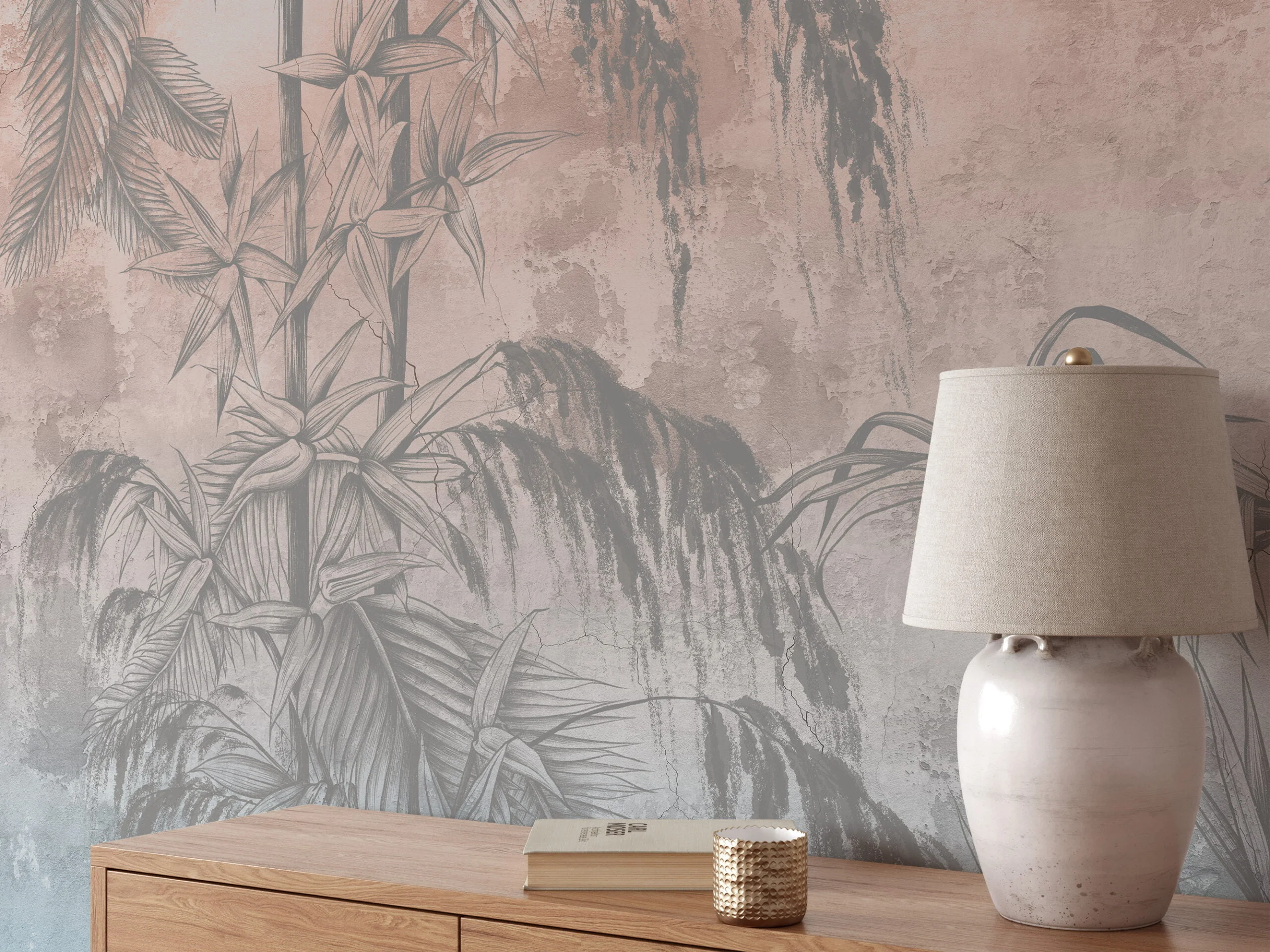 Create a Vintage Tropical Oasis with Trees and Leaves on Grunge Background - Self-Adhesive Peel and Stick Blue Pink Wallpaper Mural to Bring Nature Indoors