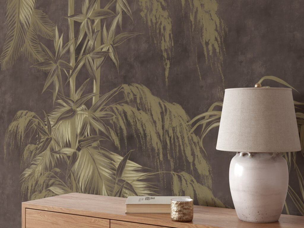 Embrace Nature's Beauty with Tropical Leaves on a Brown Concrete Grunge Background - Self-Adhesive Peel and Stick Dark Brown Leaf Wallpaper Mural for a Rustic yet Chic Look