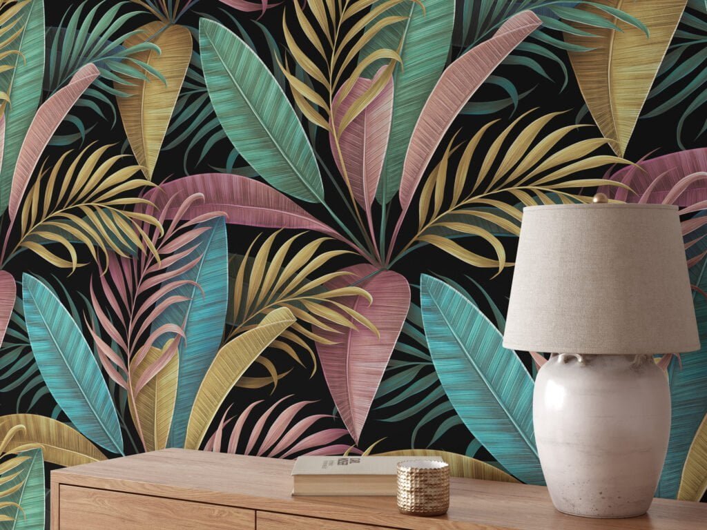 Add a Splash of Color to Your Walls with this Peel and Stick Colorful Leaf Wall Mural on a Black Background