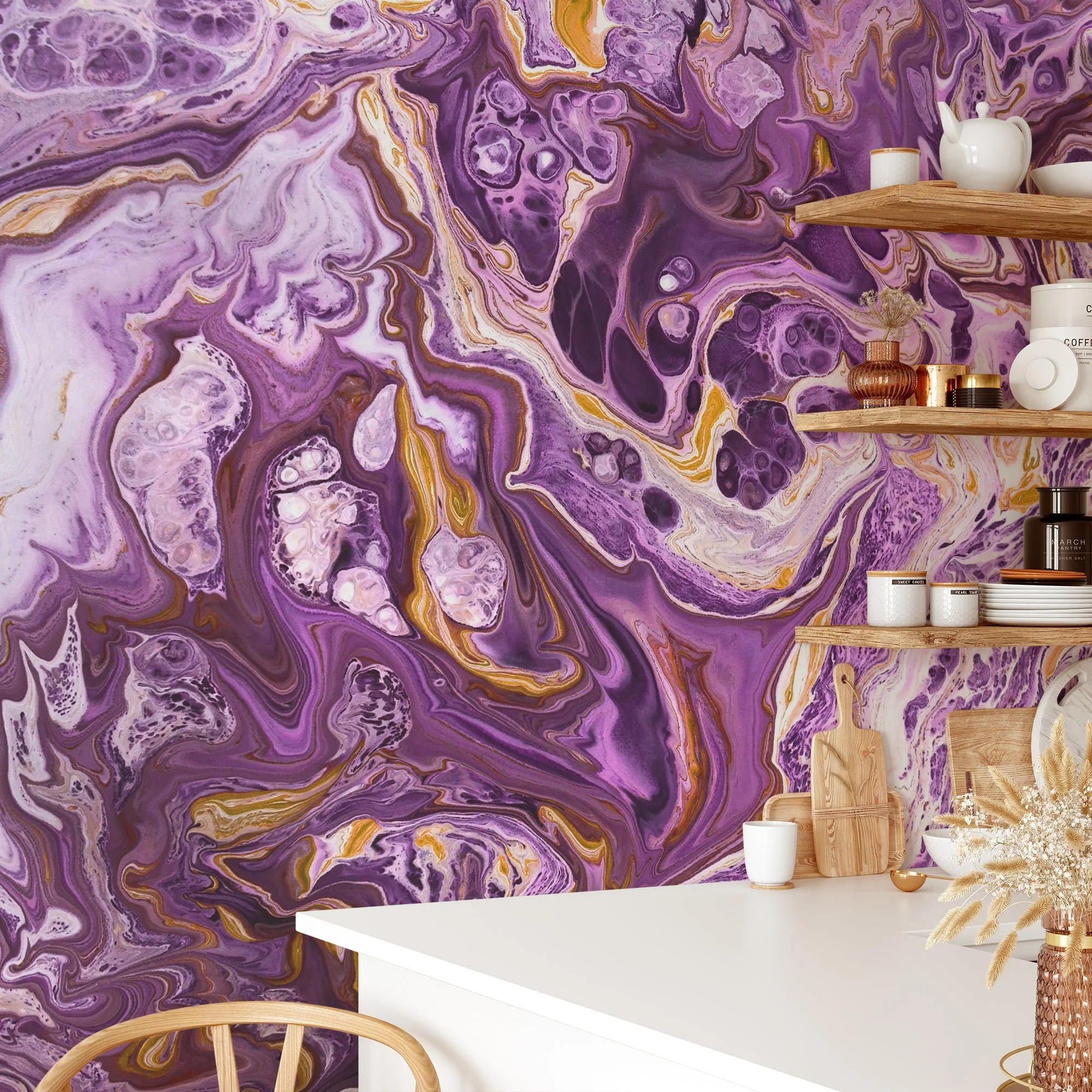 Purple and Gold Marble Wallpaper - Elegant Ink Splash Wall Covering for Stylish Room