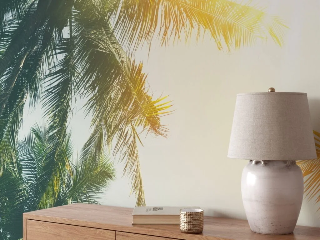 Tropical Palm Trees and Bright Sun Glare Wallpaper for a Relaxing and Exotic Atmosphere