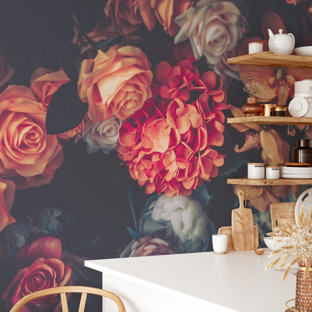 Flower Bouquet with Dark Background Wallpaper, Bold and Striking Peel and Stick Wall Mural, Self Adhesive Removable Wallpaper for a Sophisticated Statement Wall