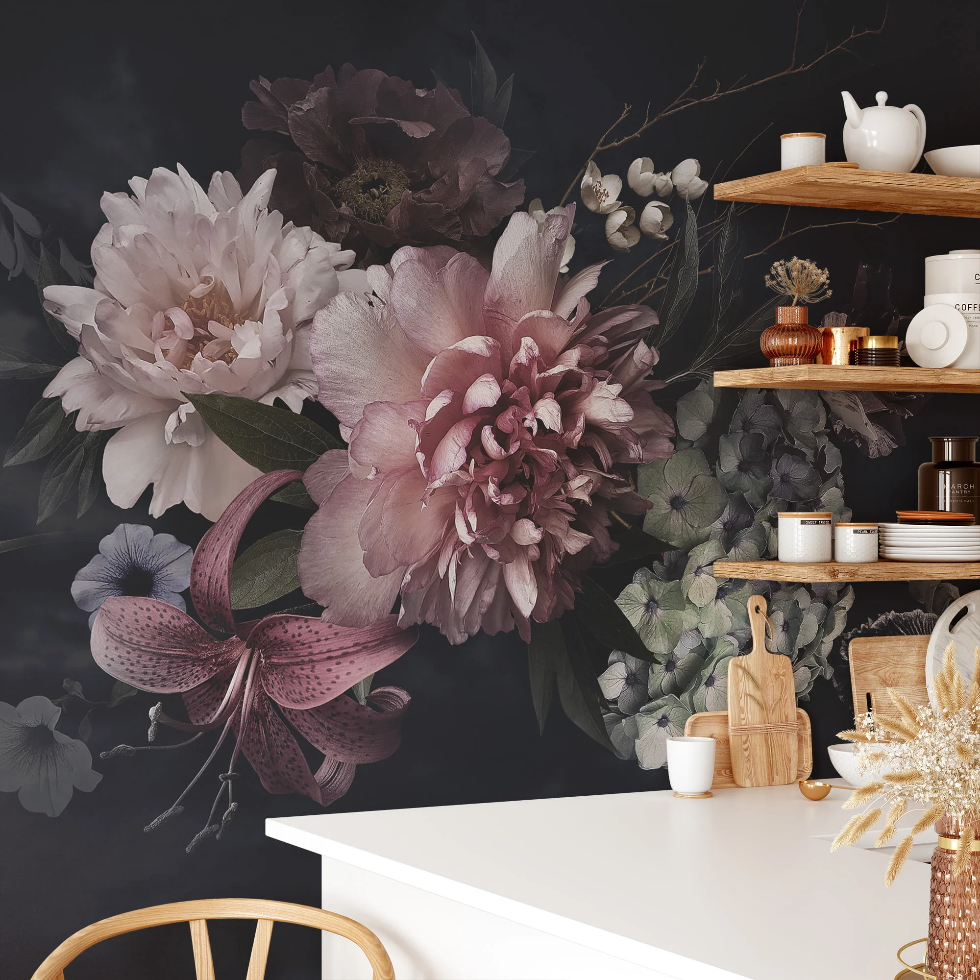 Pink Flowers With Dark Background Wallpaper, Romantic and Moody Peel and Stick Wall Mural, Self Adhesive Removable Wallpaper for a Glamorous and Luxe Bedroom