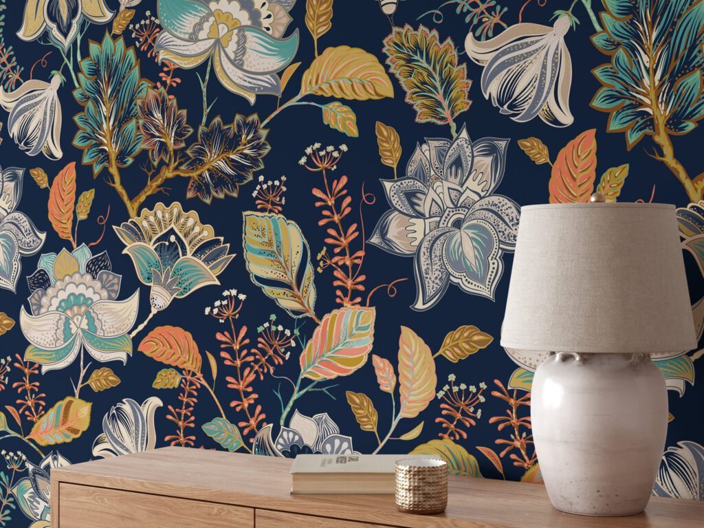 Bold Oriental Flower Pattern on Dark Background - High-Quality Wall Mural for Your Home or Office