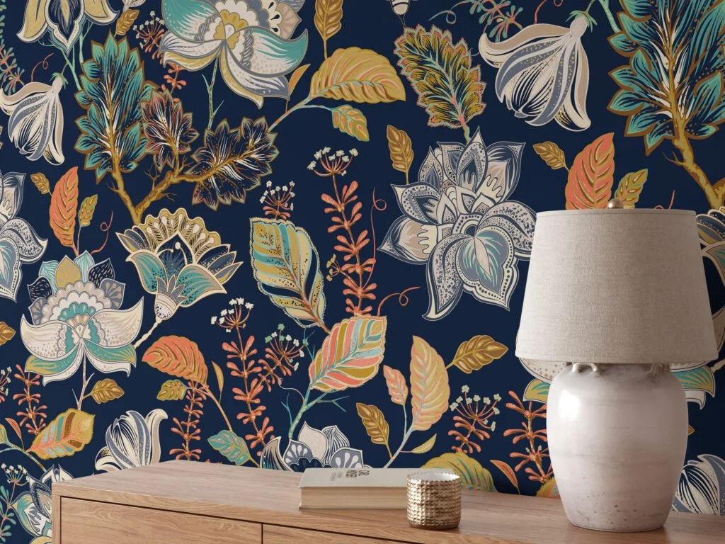 Bold Oriental Flower Pattern on Dark Background - High-Quality Wall Mural for Your Home or Office