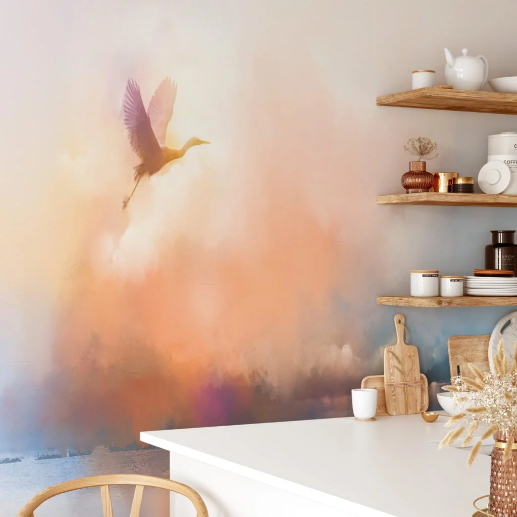 Soft Sunset Landscape Painting with Flying Bird Wallpaper, Serene and Tranquil Peel and Stick Wall Mural, Self Adhesive Removable Wallpaper for Bedroom or Living Room