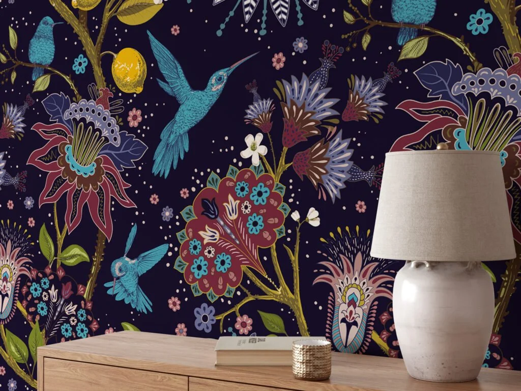 Floral and Aqua Hummingbird Wallpaper - Traditional Design with a Modern Twist