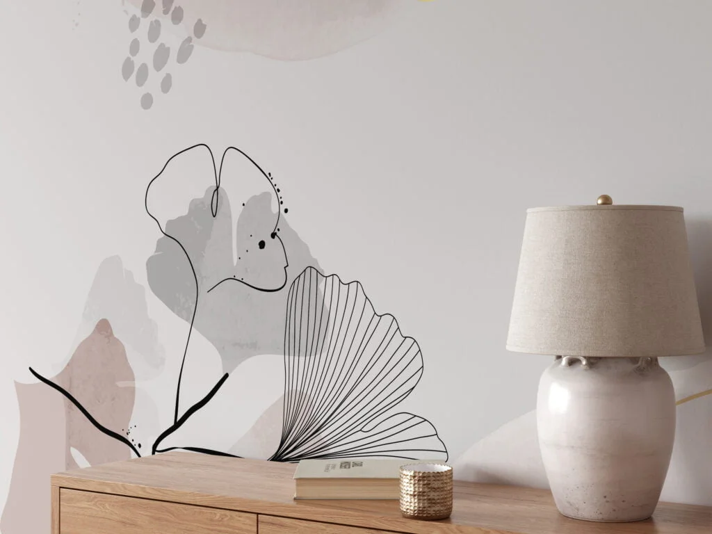 Exquisite Minimalist Grey and Nude Wallpaper with Delicate Floral Line Art for a Timeless Appeal