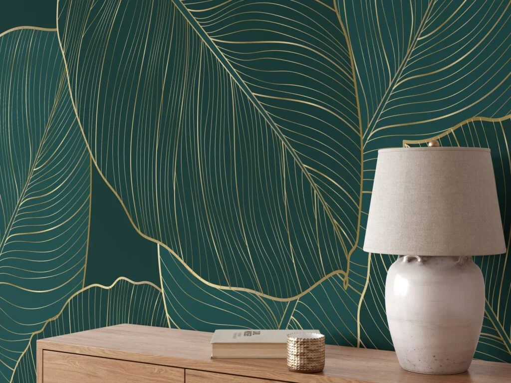 Stunning Dark Green Monstera Leaves with Golden Line Art - Self-Adhesive Peel and Stick Nature Wallpaper for a Bathroom or Kitchen Refresh