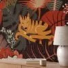 Autumnal Leaves Illustration Wallpaper with Foxes for a Rustic and Cozy Home Ambiance