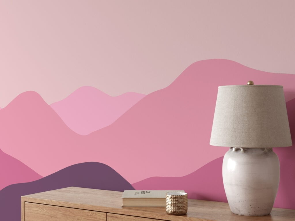 Minimalistic Abstract Mountains Wallpaper with Pink and Purple Hues for a Contemporary and Chic Home Decor