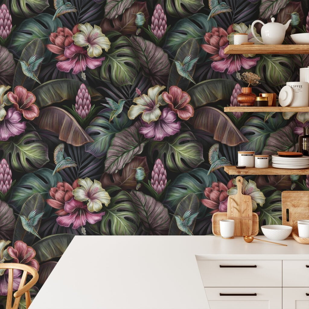Vintage Botanical Flowers and Mockingbirds Wallpaper, Peel and Stick Self Adhesive Wall Mural, Ideal for a Classic and Elegant Home Decor