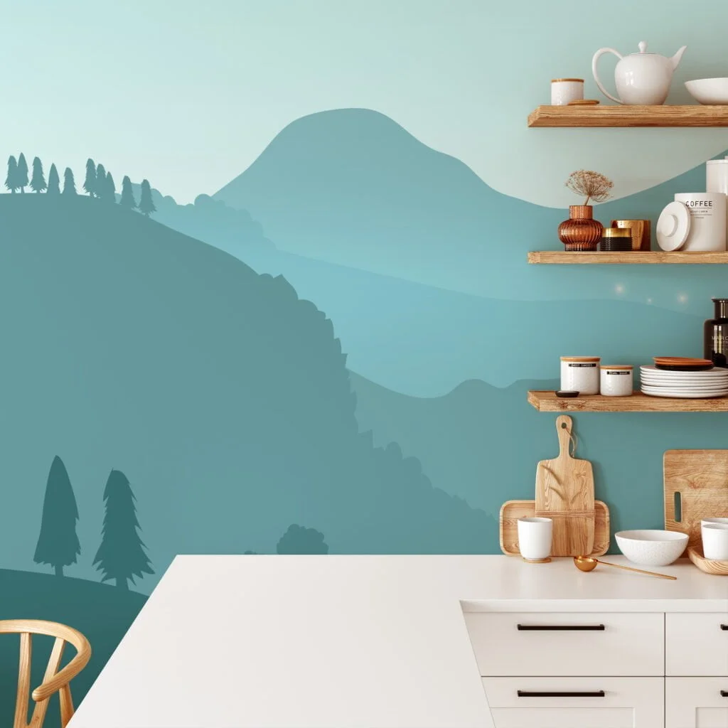 Contemporary Teal Colored Abstract Mountains Illustration Wallpaper for a Chic and Modern Home Ambiance