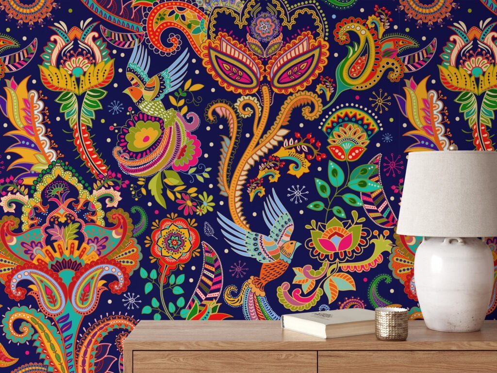 Create a Traditional and Colorful Atmosphere with Our Floral Illustration Wallpaper - Peel and Stick, Self-Adhesive, Durable, Modern Wallpaper