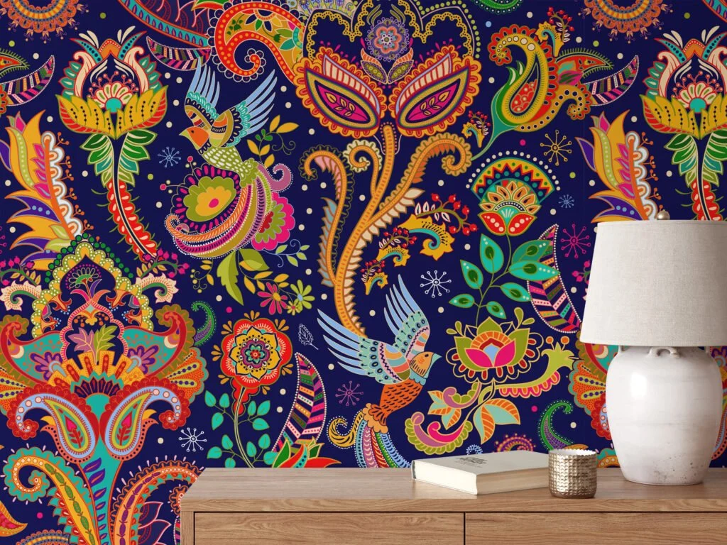 Create a Traditional and Colorful Atmosphere with Our Floral Illustration Wallpaper - Peel and Stick, Self-Adhesive, Durable, Modern Wallpaper