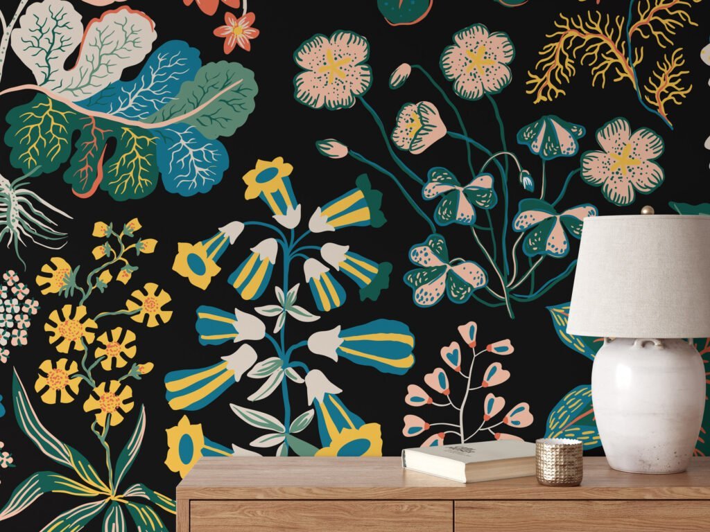 Elegant Flat Style Floral Pattern on Dark Background Wallcovering for a Bold Statement