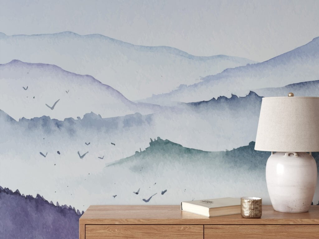 Soft and Serene Watercolor Style Abstract Misty Mountains Wallpaper for a Tranquil and Calming Home Decor