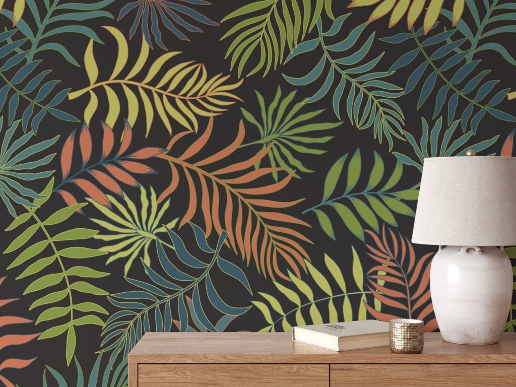 Bold and Beautiful Tropical Floral Leaves on Dark Background - Self-Adhesive Peel and Stick Fern Wallpaper with Botanical Charm