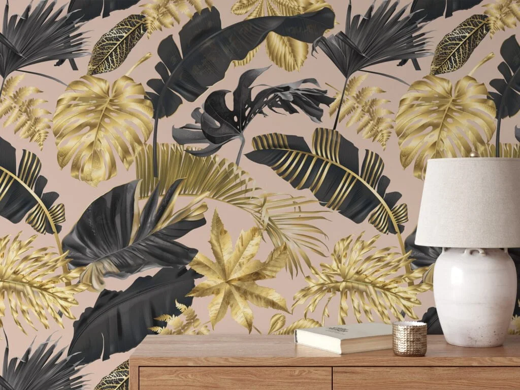 Luxurious Gold and Black Tropical Leaves on Peach Pink Background - Self-Adhesive Peel and Stick Modern Wallpaper for a Touch of Elegance