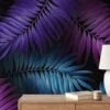 Add a Bold Pop of Color with Purple Fuchsia and Aqua Colored Large Tropical Leaves - Self-Adhesive Peel and Stick Dark Floral Wallpaper for a Vibrant Space