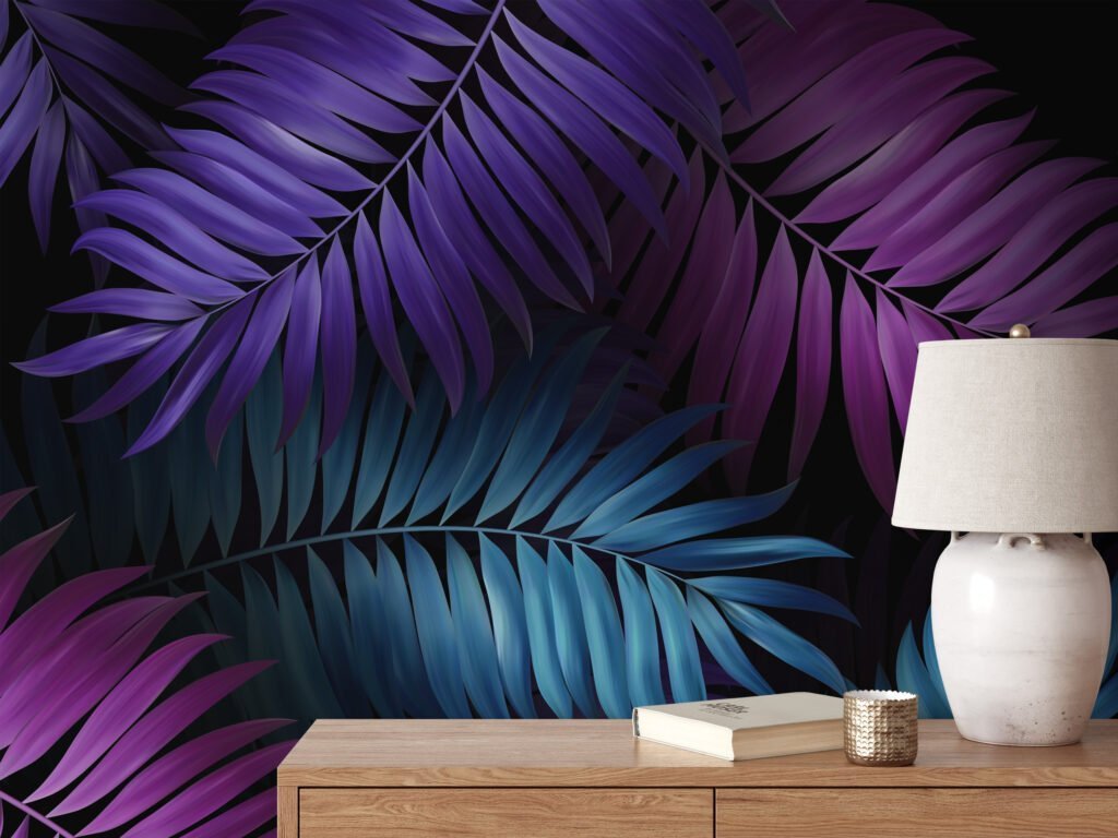 Add a Bold Pop of Color with Purple Fuchsia and Aqua Colored Large Tropical Leaves - Self-Adhesive Peel and Stick Dark Floral Wallpaper for a Vibrant Space