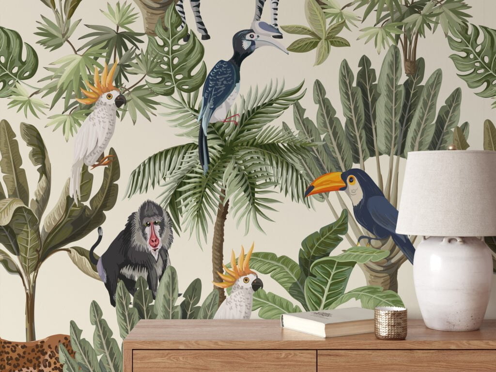 Lush Leaves and Exotic Animal Illustration Wallpaper for a Wild and Vibrant Home Decor
