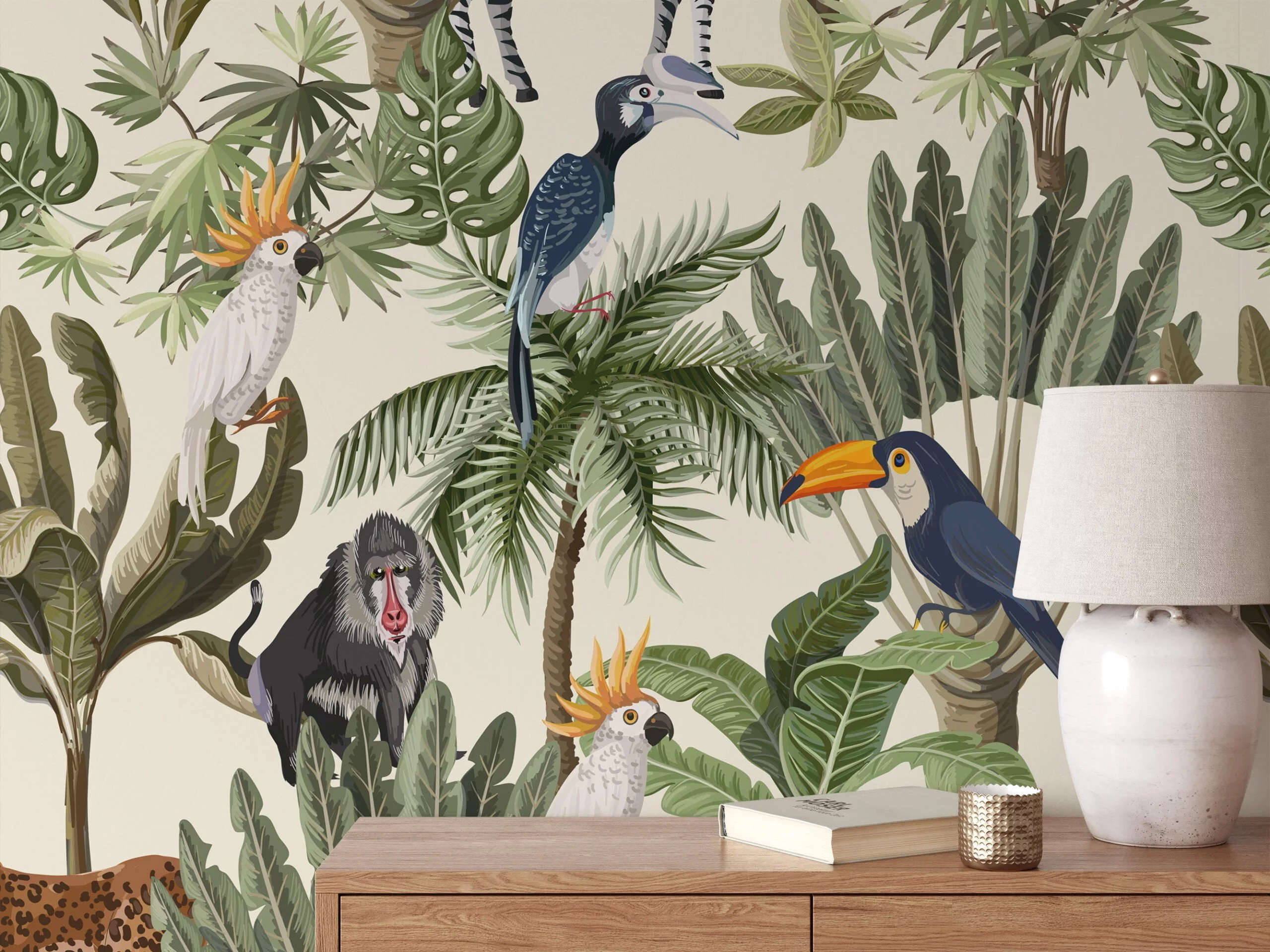 Lush Leaves and Exotic Animal Illustration Wallpaper for a Wild and Vibrant Home Decor