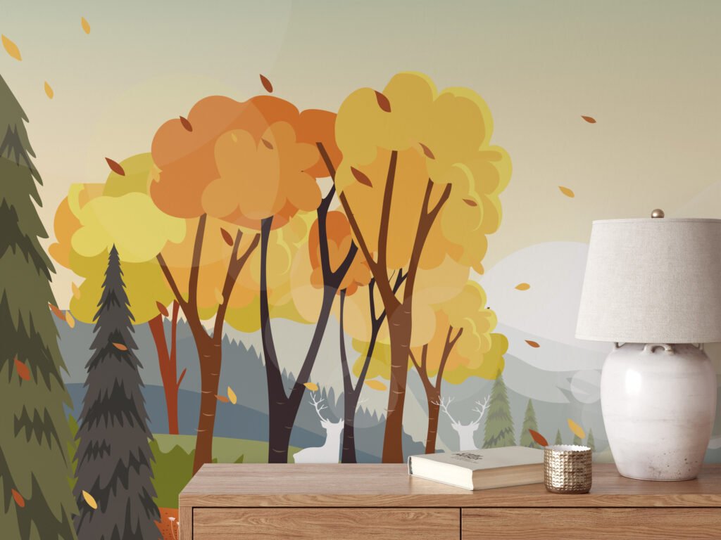 Whimsical Cartoon Style Forest Illustration Wallpaper for a Playful and Vibrant Home Decor during Fall Season