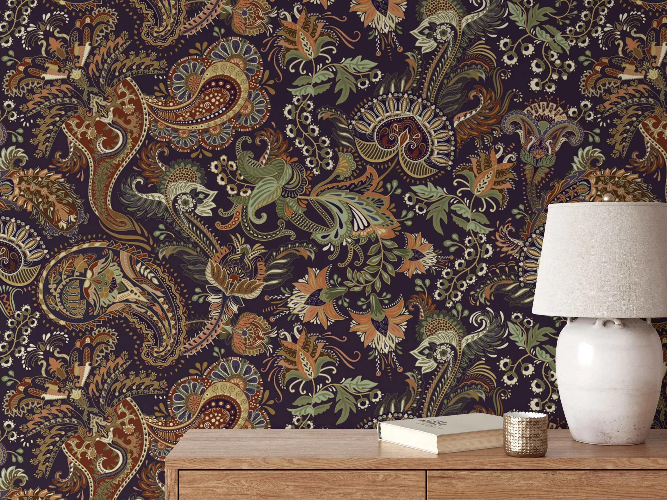 Earthy Traditional Floral Pattern with Dark Background Peel and Stick Wallpaper for a Cozy Home