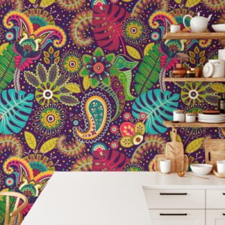 Colorful Traditional Flowers and Leaves Illustration Peel and Stick Wallpaper for Vibrant Home Decor