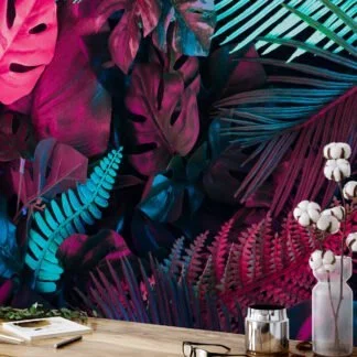 Vibrant Neon Pink and Blue Tropical Leaves - Self-Adhesive Peel and Stick Monstera Leaf Wallpaper to Brighten Any Space