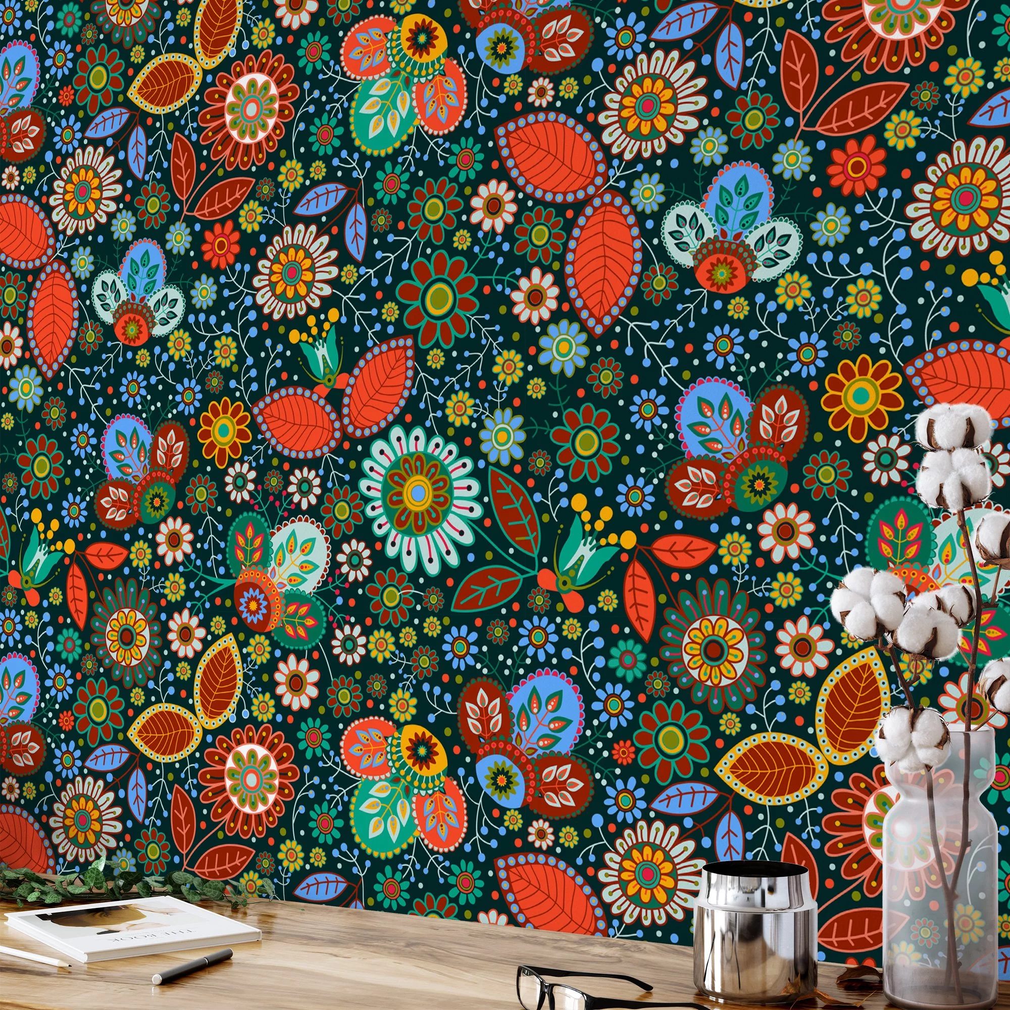 Colorful Flowers in Traditional Style Wallpaper - Floral Illustration with Multiple Colors and Textures Wall Mural