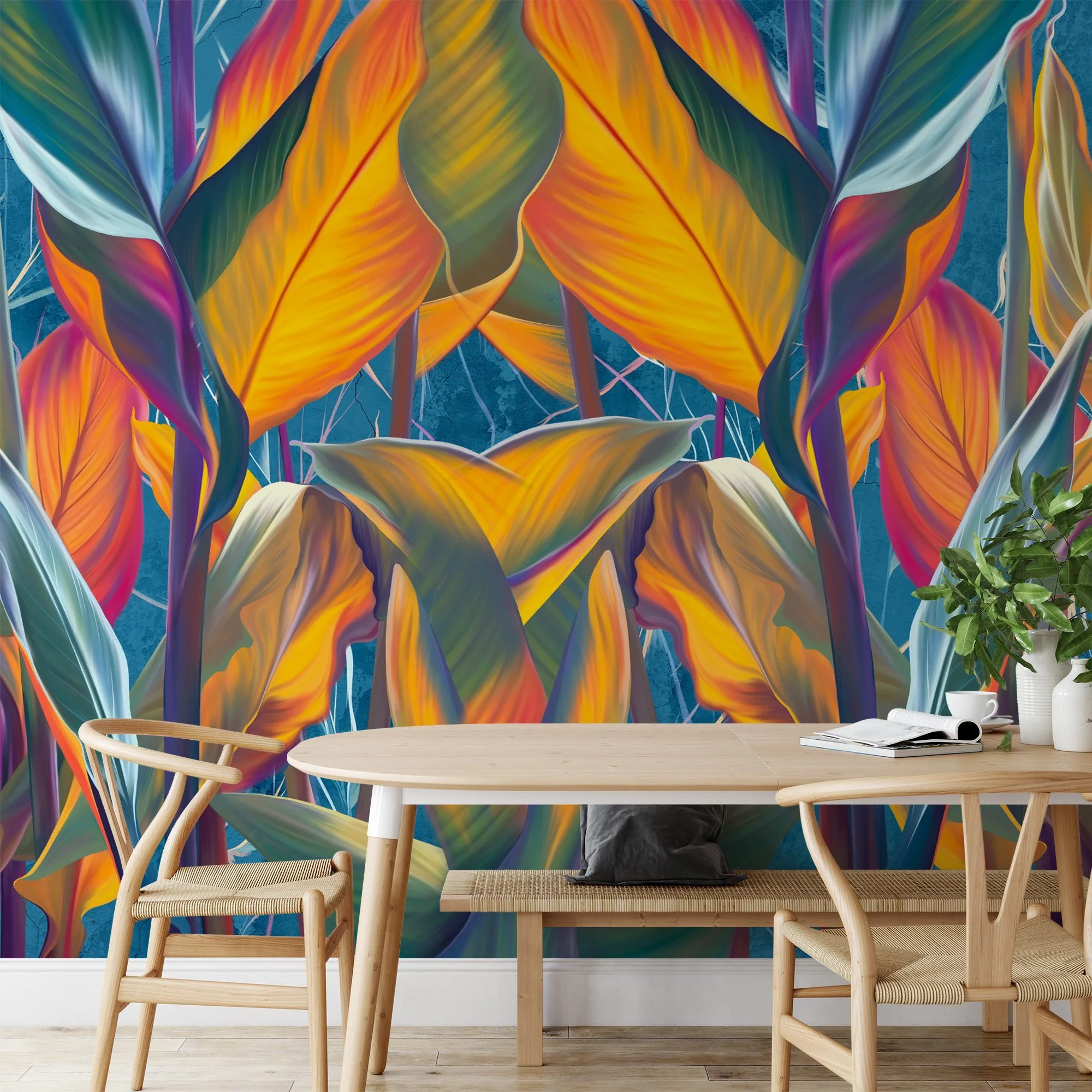 Bring a Splash of Color to Your Space with Colorful Large Sunset Leaves on Blue Background - Self-Adhesive Peel and Stick Exotic Mixed Colored Leaf Wallpaper for a Tropical Escape