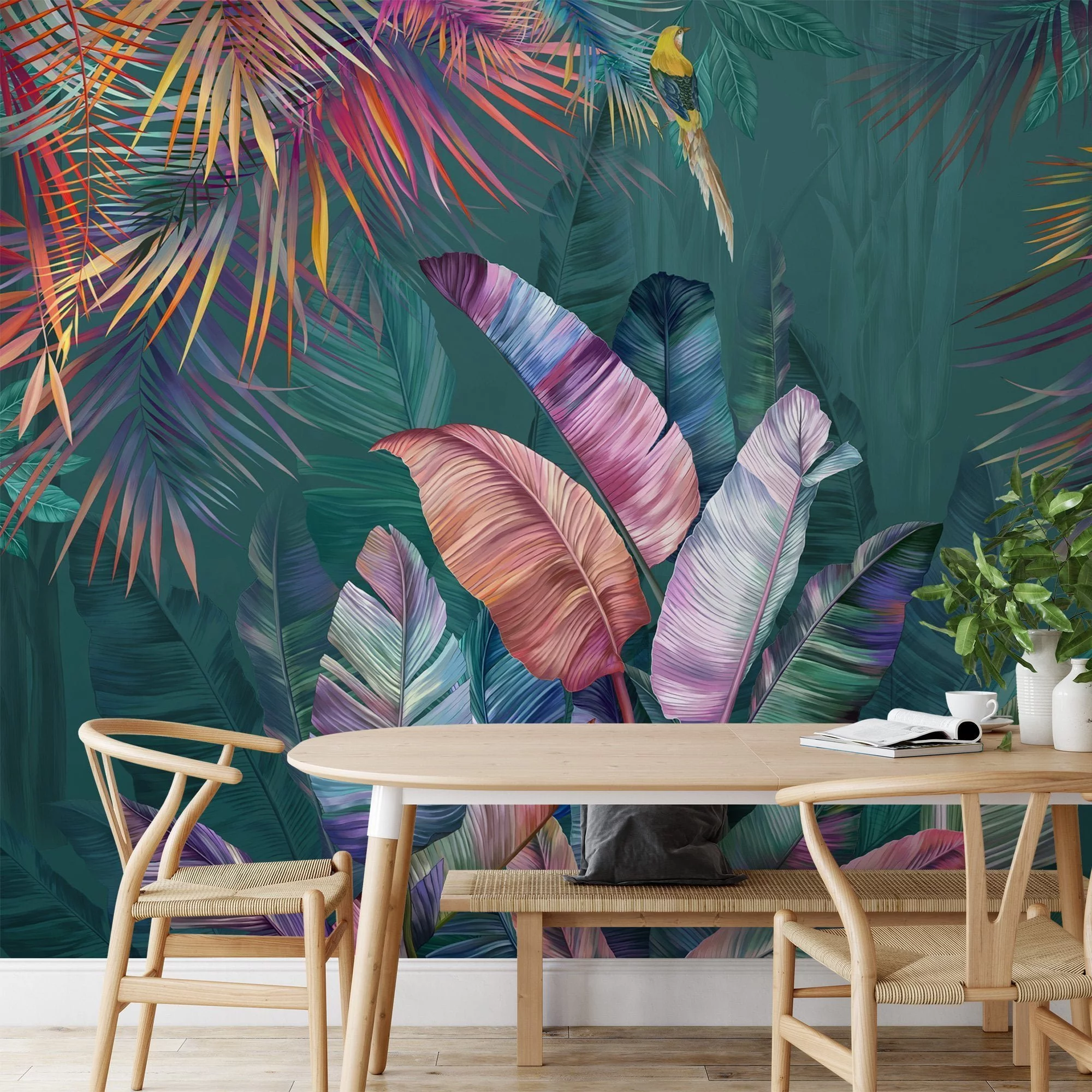 Tropical Paradise: Dark Green Leaf Wallpaper with Colorful Leaves and Self-Adhesive Design