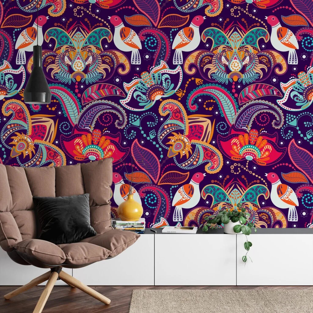 Traditional Colorful Floral Illustration with Birds Wallpaper - Oriental Style Floral Pattern with Vibrant Colors