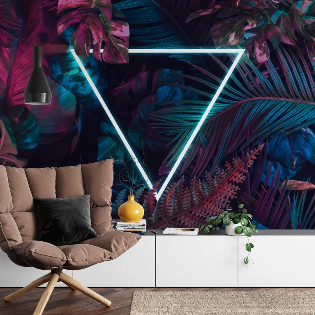 Vibrant Neon Pink and Blue Tropical Leaves with a Centered Triangle Light - Self-Adhesive Peel and Stick Geometric Wallpaper with Botanical Flair