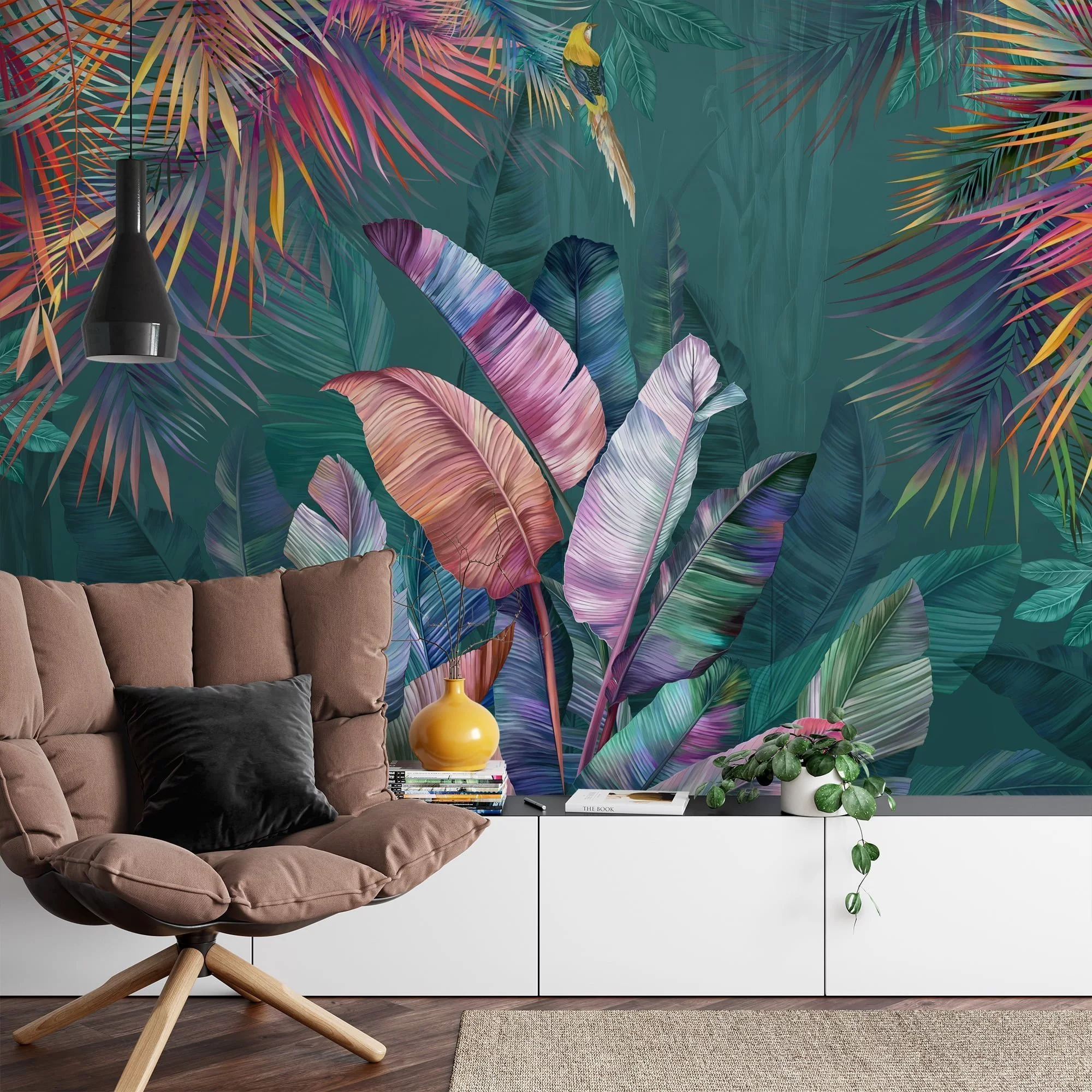 Tropical Paradise: Dark Green Leaf Wallpaper with Colorful Leaves and Self-Adhesive Design