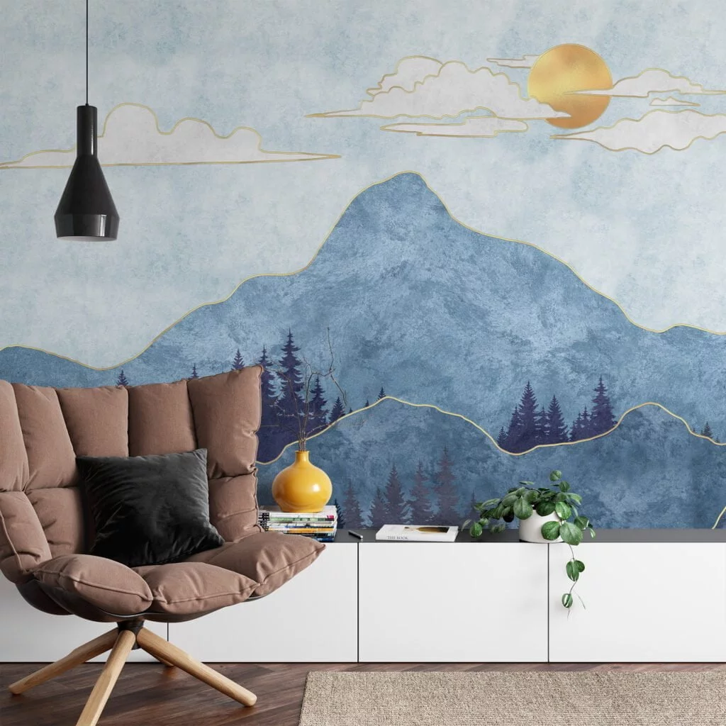 Abstract Blue Mountains with Textured Stone Wallpaper for a Modern and Chic Home Ambiance