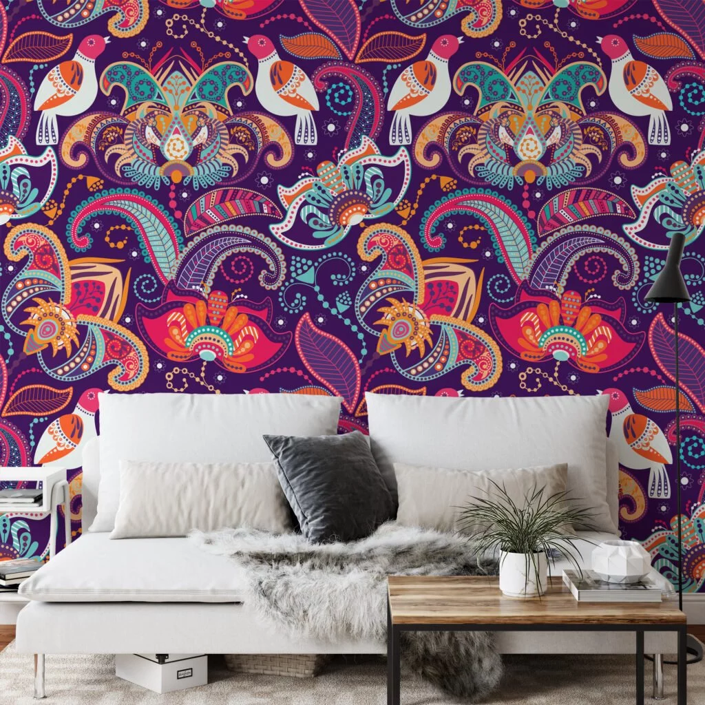 Traditional Colorful Floral Illustration with Birds Wallpaper - Oriental Style Floral Pattern with Vibrant Colors