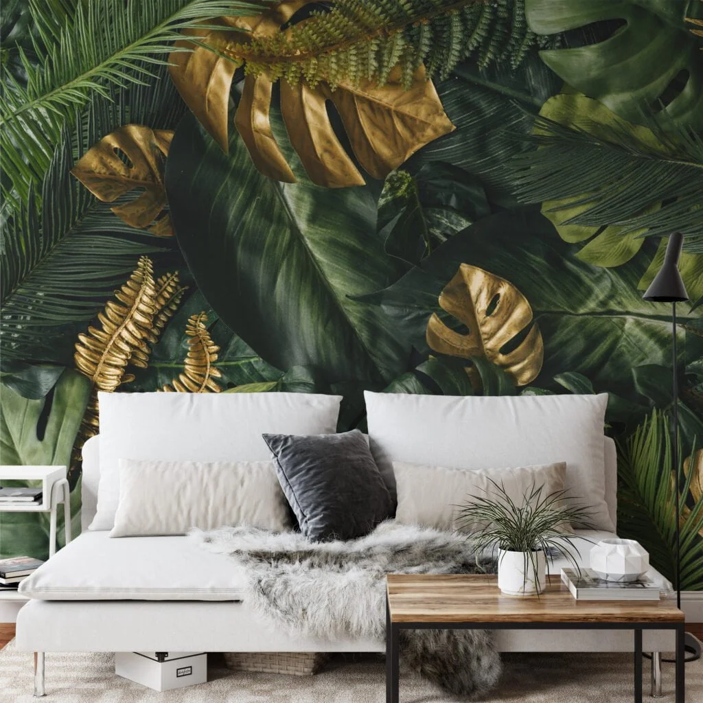 Vibrant Golden and Green Tropical Leaves on Jungle Background - Self-Adhesive Peel and Stick Botanical Wallpaper to Create a Lush Escape