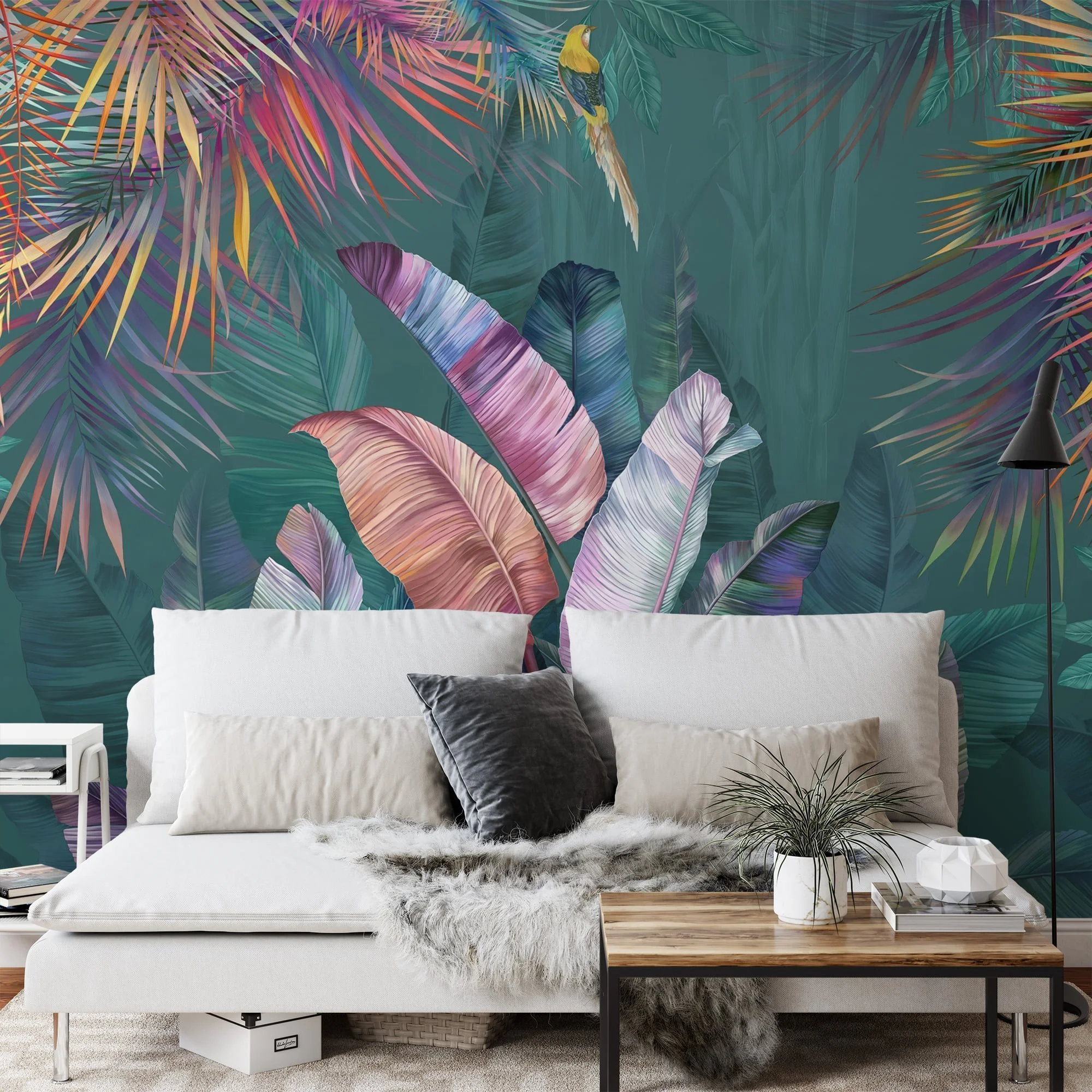 Tropical Paradise: Dark Green Leaf Wallpaper with Colorful Leaves and Self-Adhesive Design