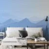 Serene Blue Hues Mountains and Trees Illustration Wallpaper for a Tranquil and Minimalist Space