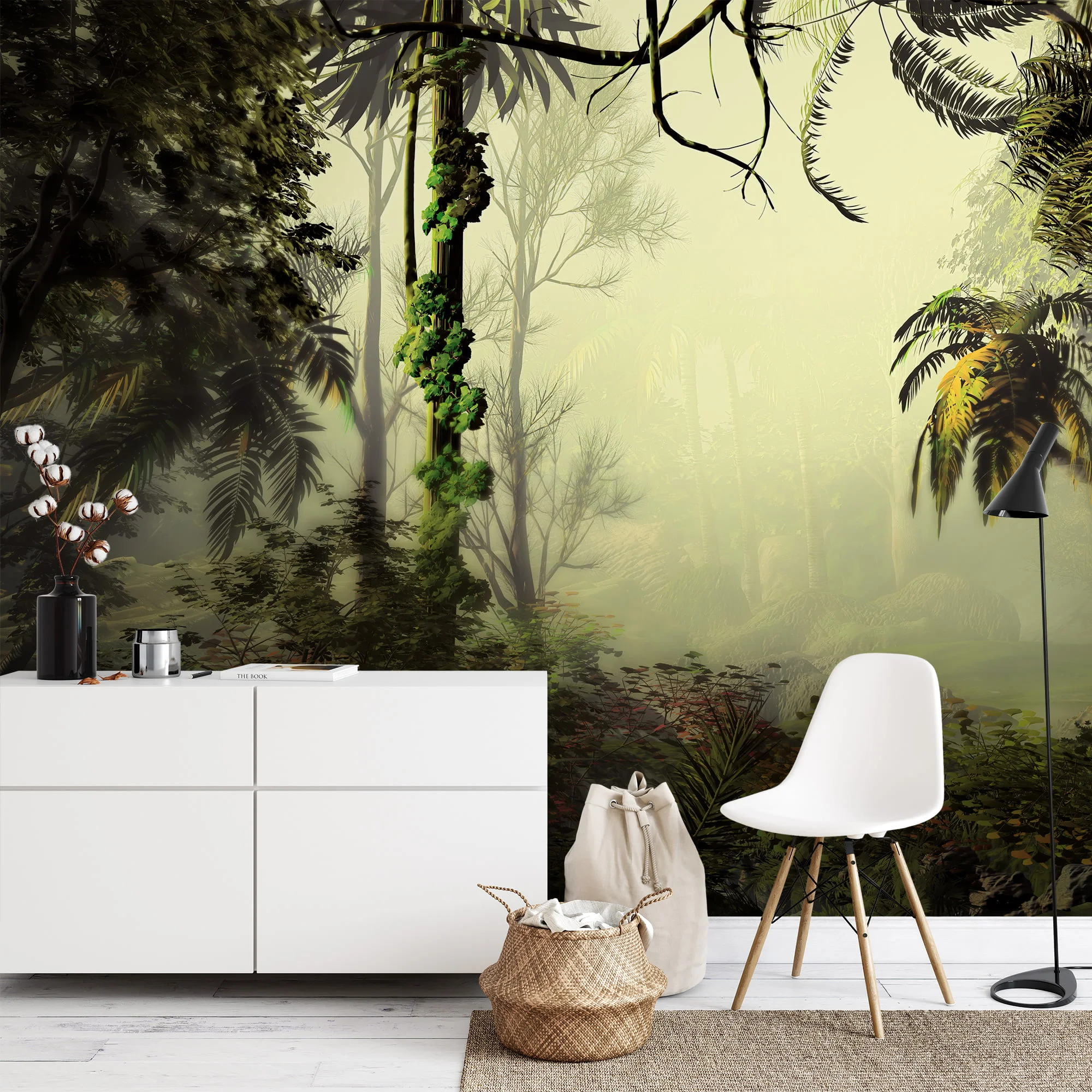 Elegant Misty Green Jungle Wallcovering with Lush Palm Trees and Forest Background for a Serene Atmosphere