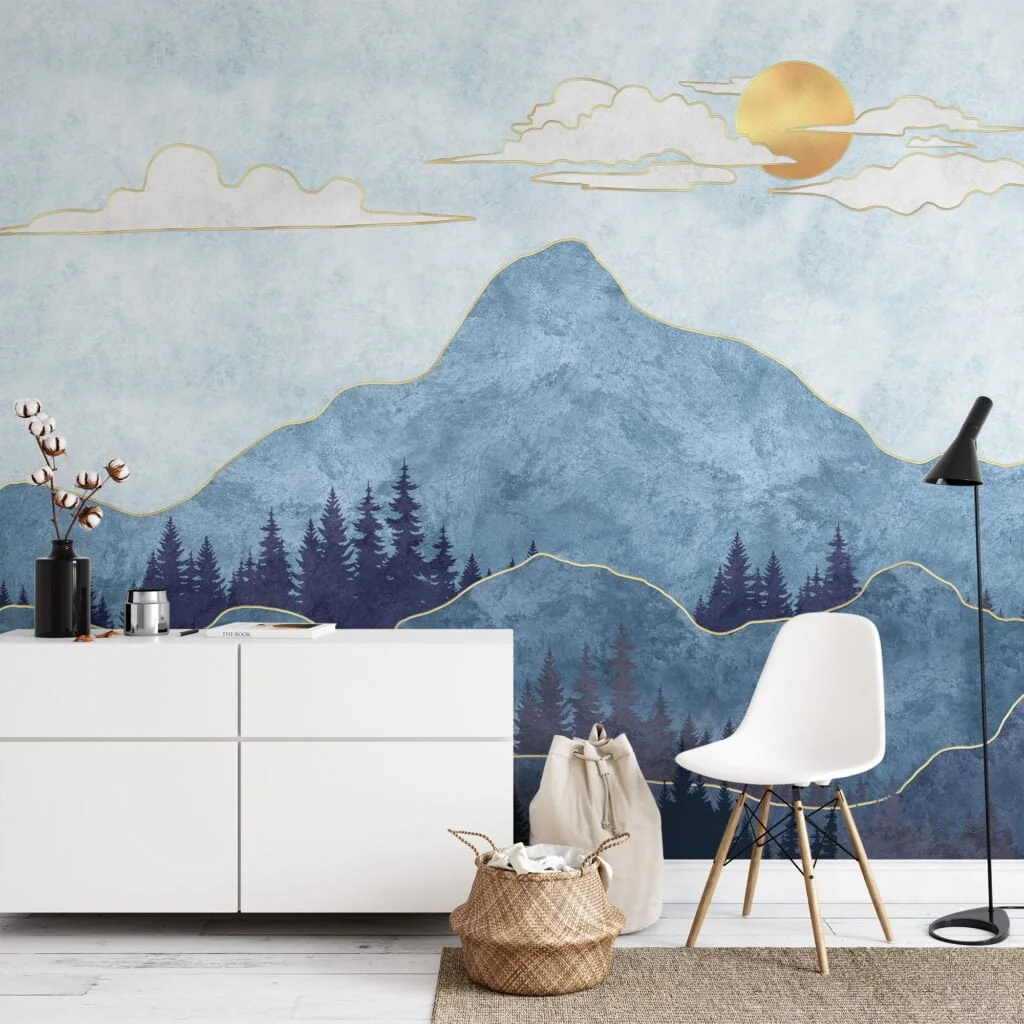 Abstract Blue Mountains with Textured Stone Wallpaper for a Modern and Chic Home Ambiance